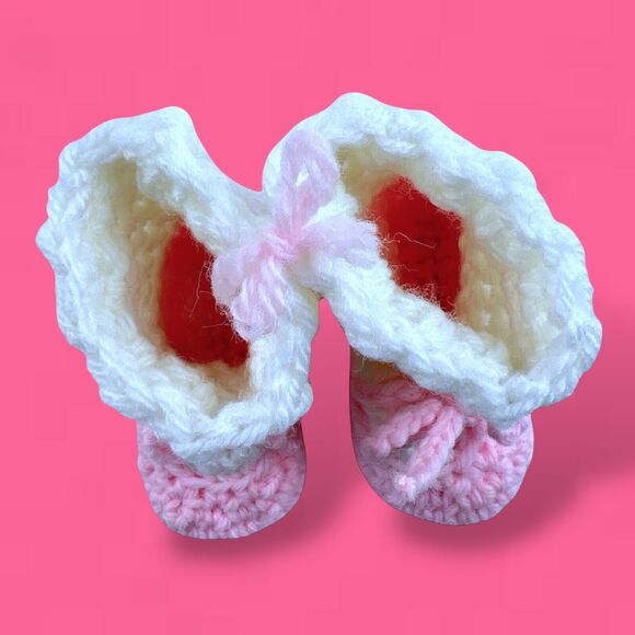 Handmade Crocheted Pink Mary Janes w/ White Socks Vintage Baby Booties NEW - Picture 6 of 6